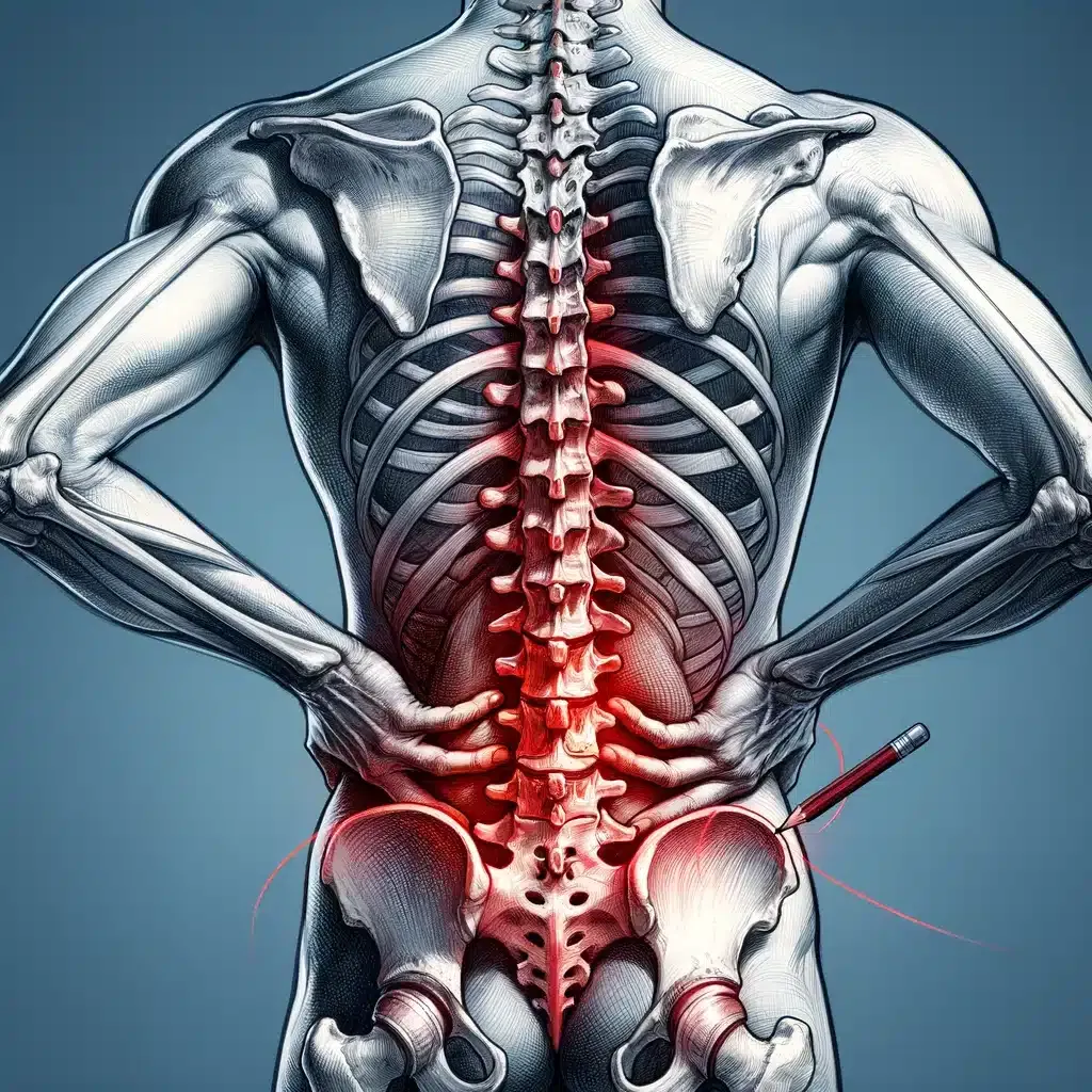 DALL·E 2024 04 30 15.06.38 Draw a spine with the appearance of lower back pain