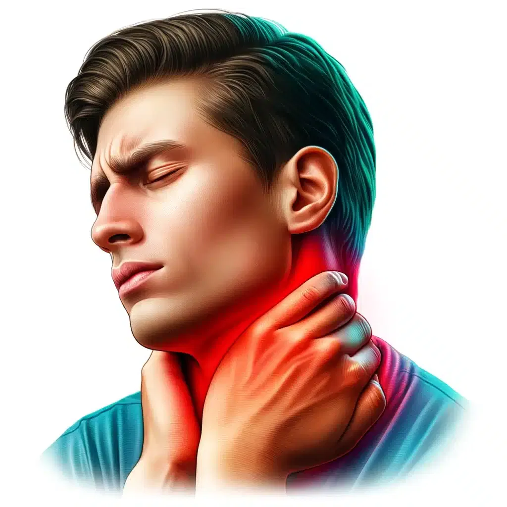 DALL·E 2024 04 30 15.18.33 A realistic and detailed illustration of a person clutching their neck in pain with enhanced colors for lifelike appearance. The person should be dep